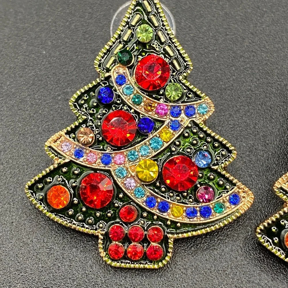 Red Sparkly Christmas Tree Earrings Pierced - Picture 3 of 7